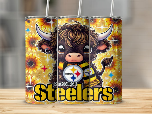 Cute Highland cow wearing Pittsburgh Steelers scarf and earrings.
