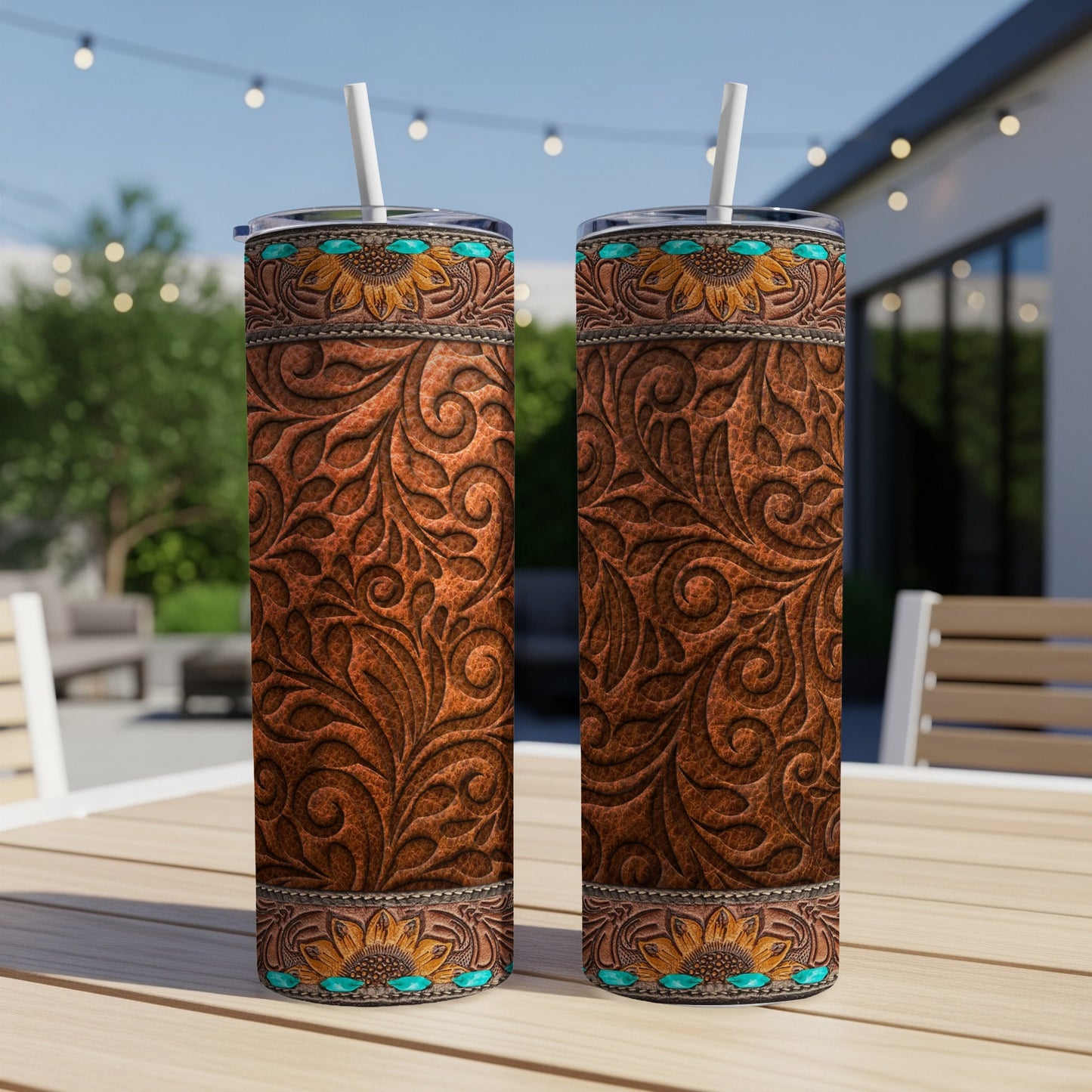Two tall, brown tumblers with embossed western-style floral and sunflower designs.