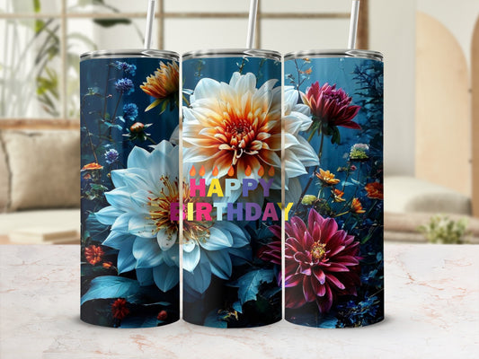 Three tumblers with vibrant floral designs and "Happy Birthday" text.