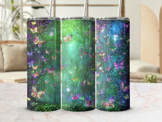 Three tumblers with a magical forest and butterfly design.