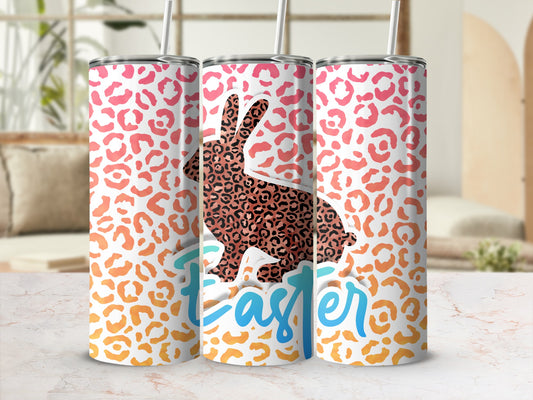 Leopard print Easter bunny tumbler with gradient colors.