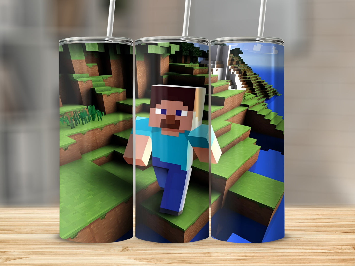 Minecraft character Steve walking through a grassy, blocky landscape.