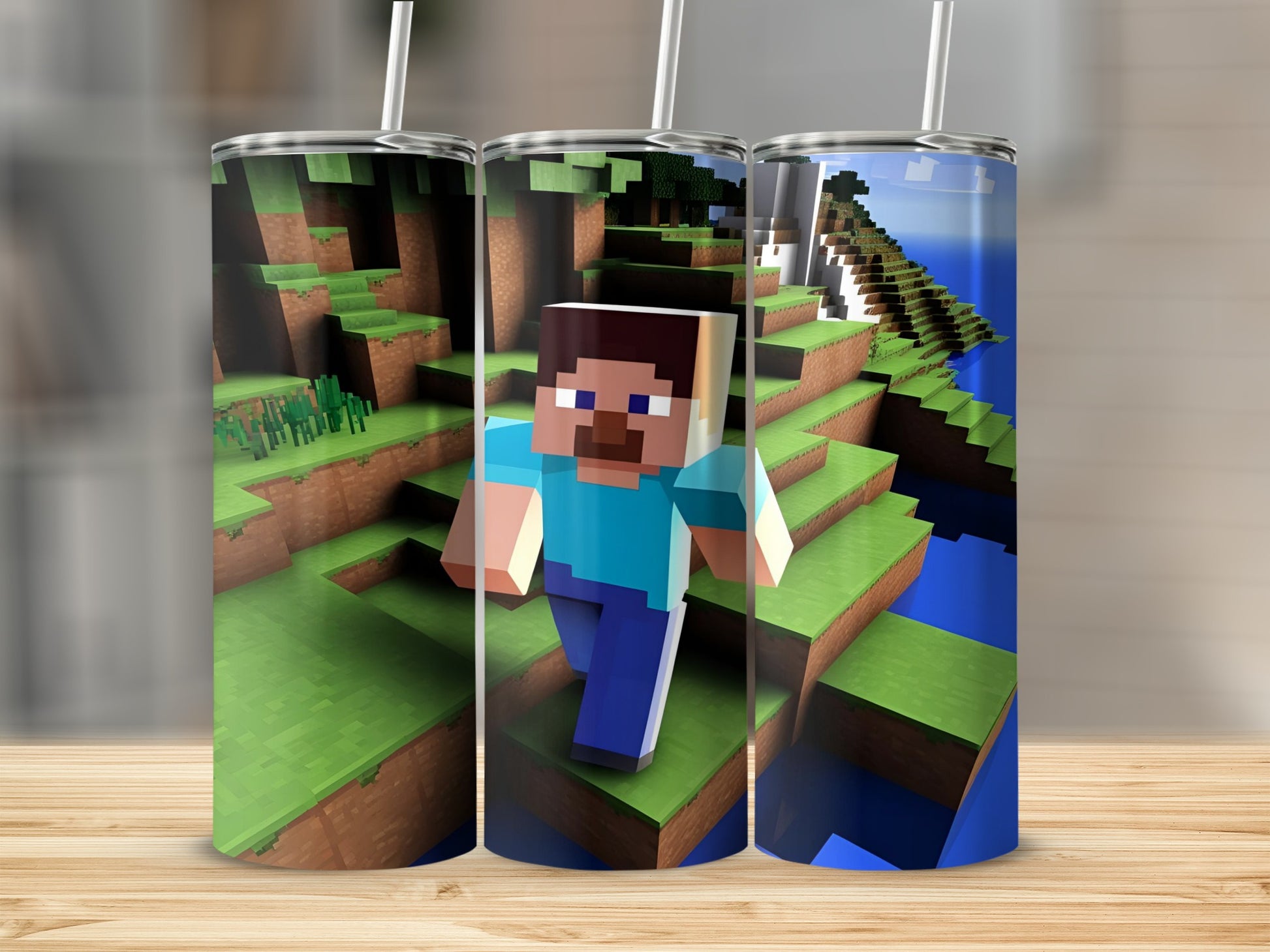 Minecraft character Steve walking through a grassy, blocky landscape.