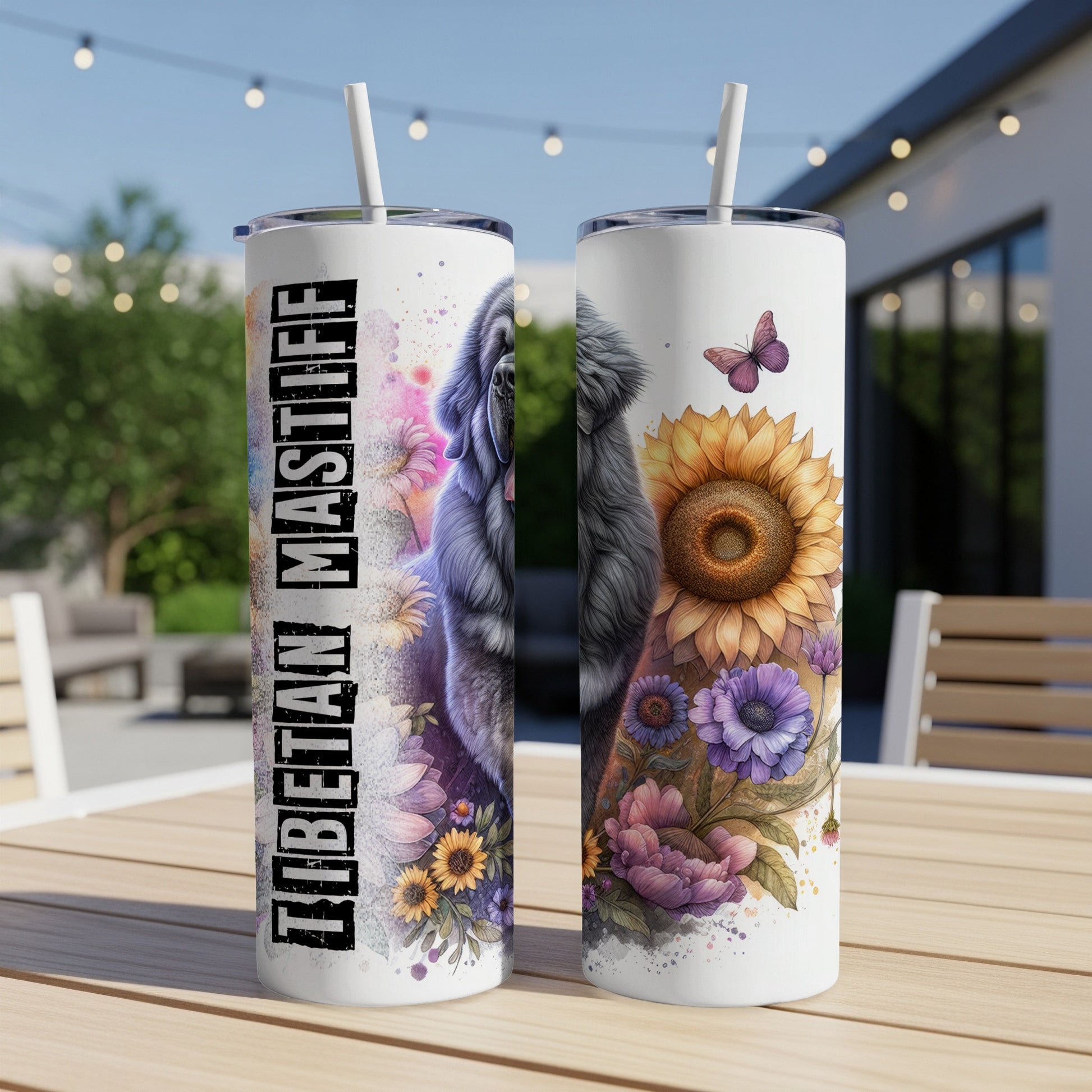 Two tumblers with Tibetan Mastiff and sunflower designs.