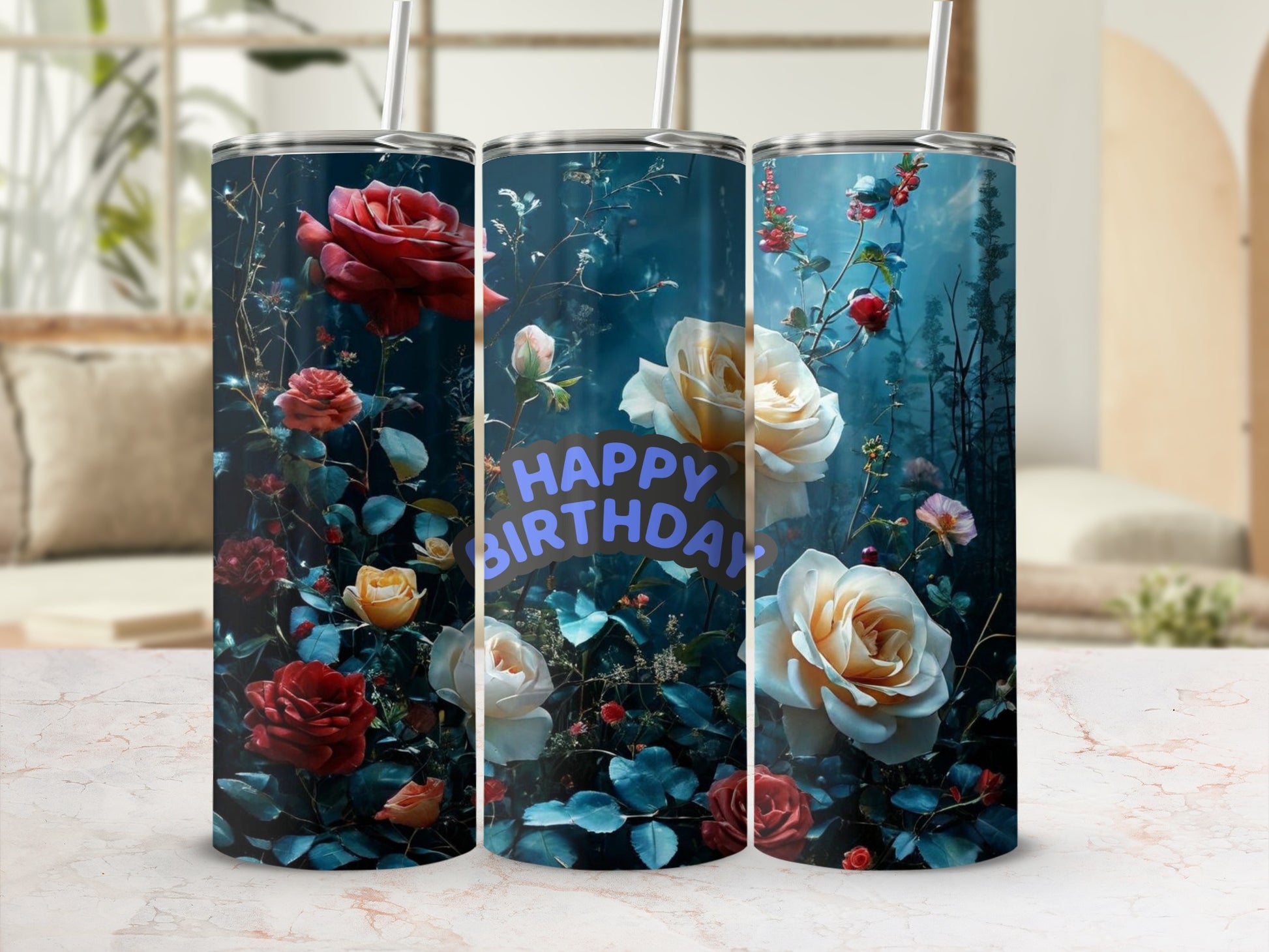 Dark tumbler with vibrant red and yellow roses, "Happy Birthday" text.