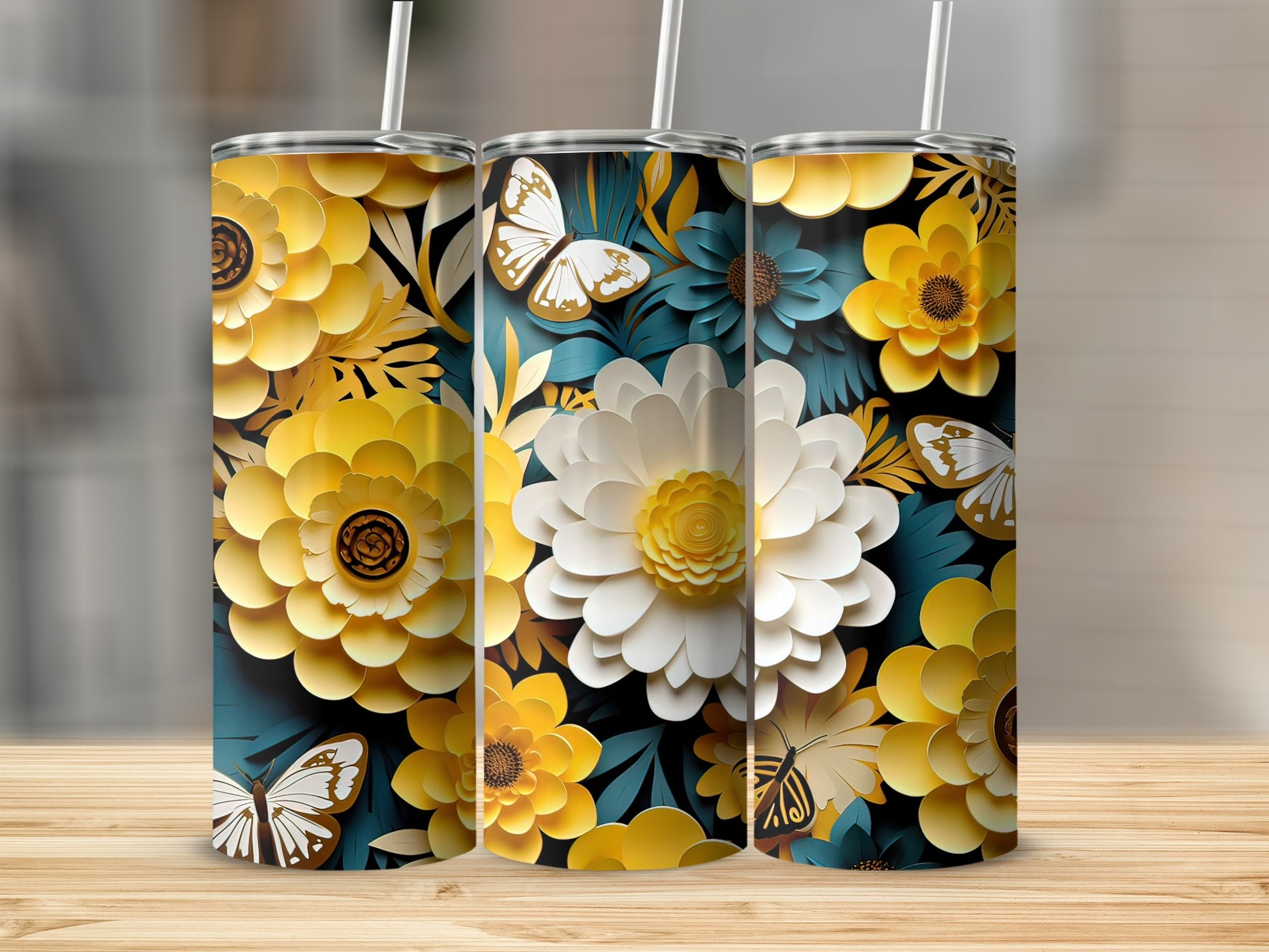 Yellow and White Floral Design With Butterflies Tumbler