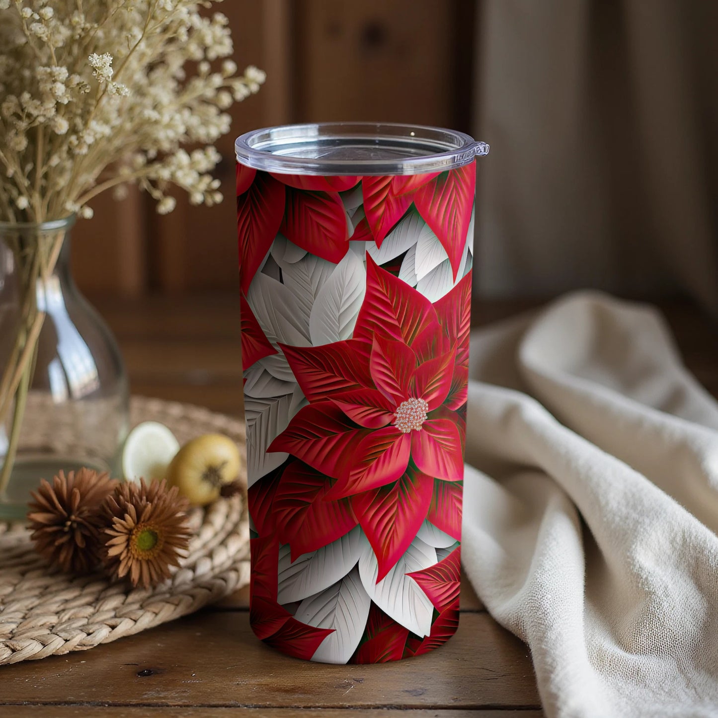Red and White Floral Tumbler with Vibrant Leaves Design