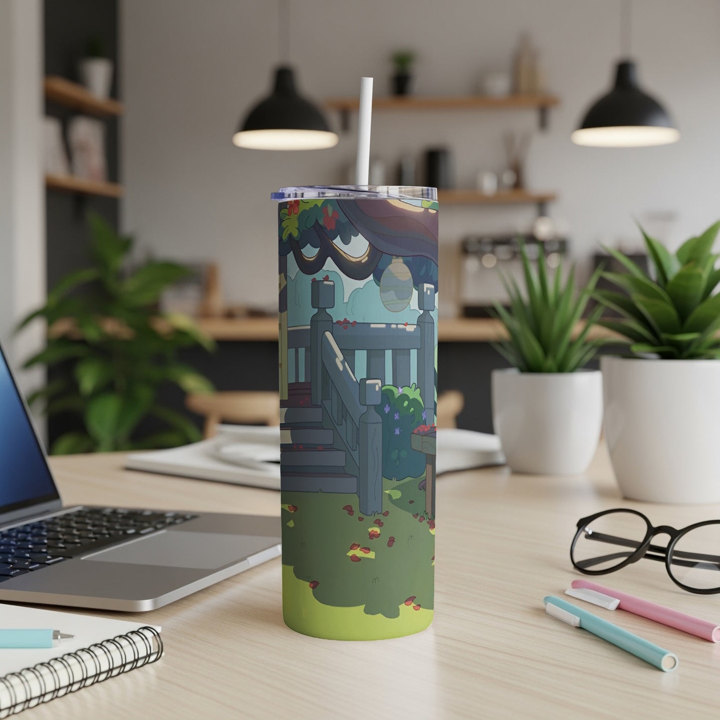 Tumbler with cartoon outdoor scene, stairs, and plants.