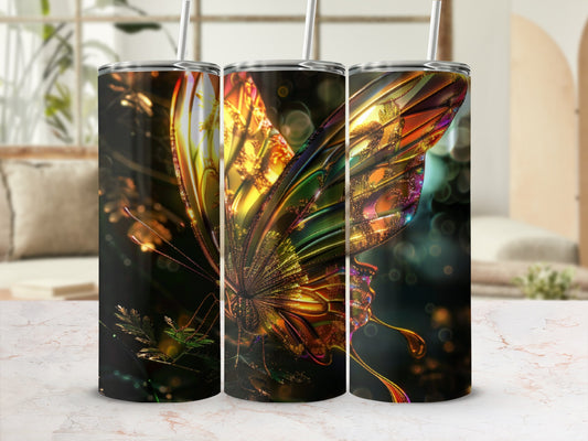 Triptych of tumblers featuring a vibrant, iridescent butterfly wing design.