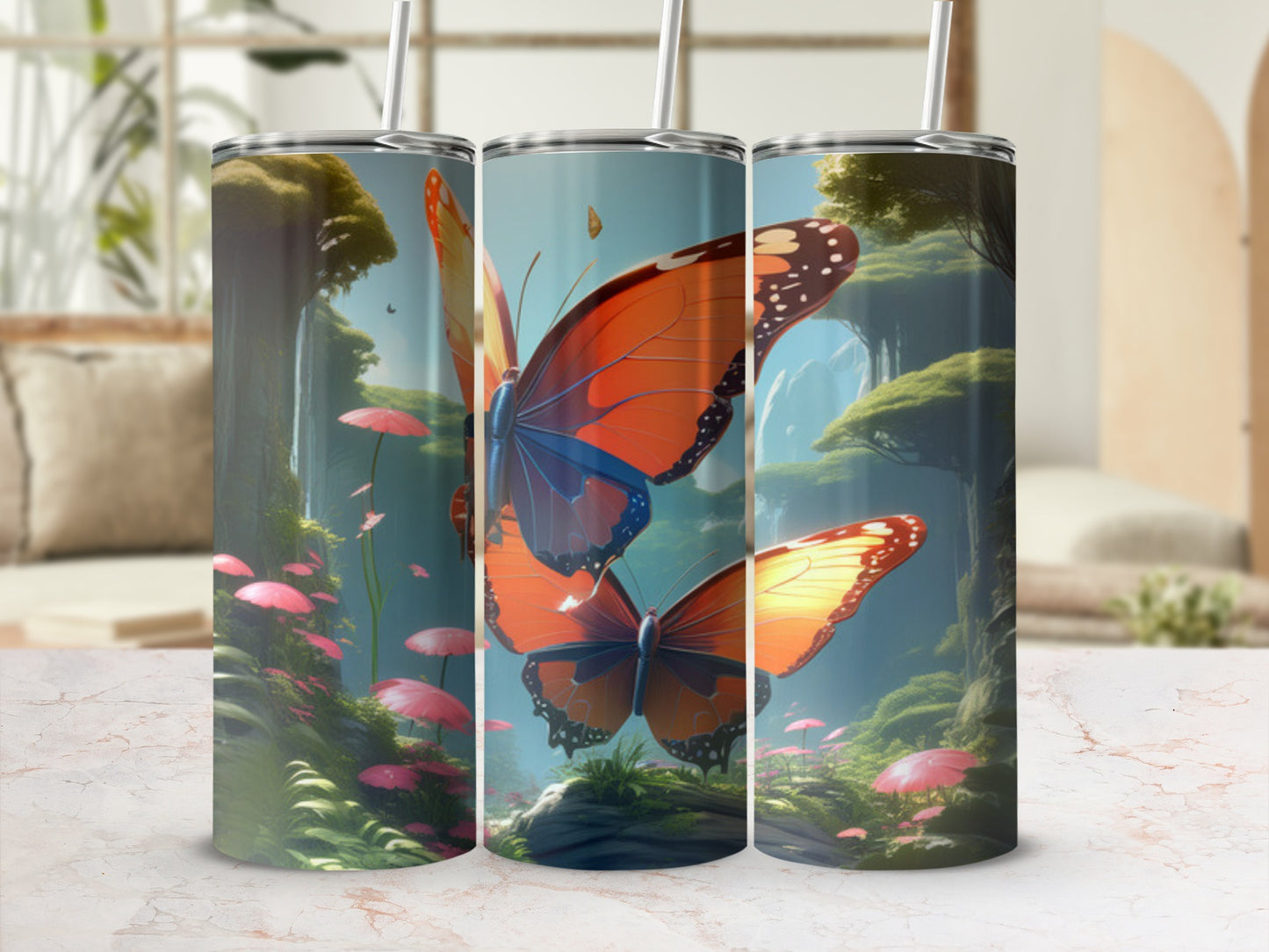 Two vibrant orange butterflies fly through a magical forest scene.