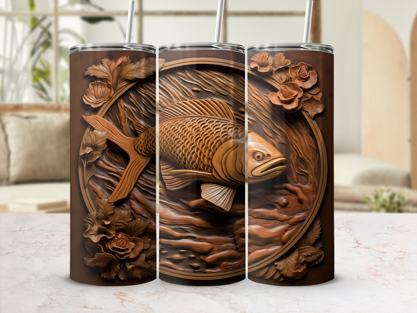 Brown tumbler with embossed fish and floral design.