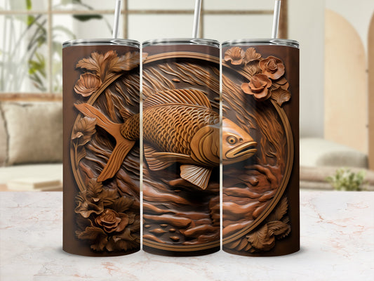 Brown tumbler with embossed fish and floral design.