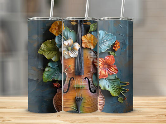 3D textured violin with colorful flowers, on a dark, painterly background.