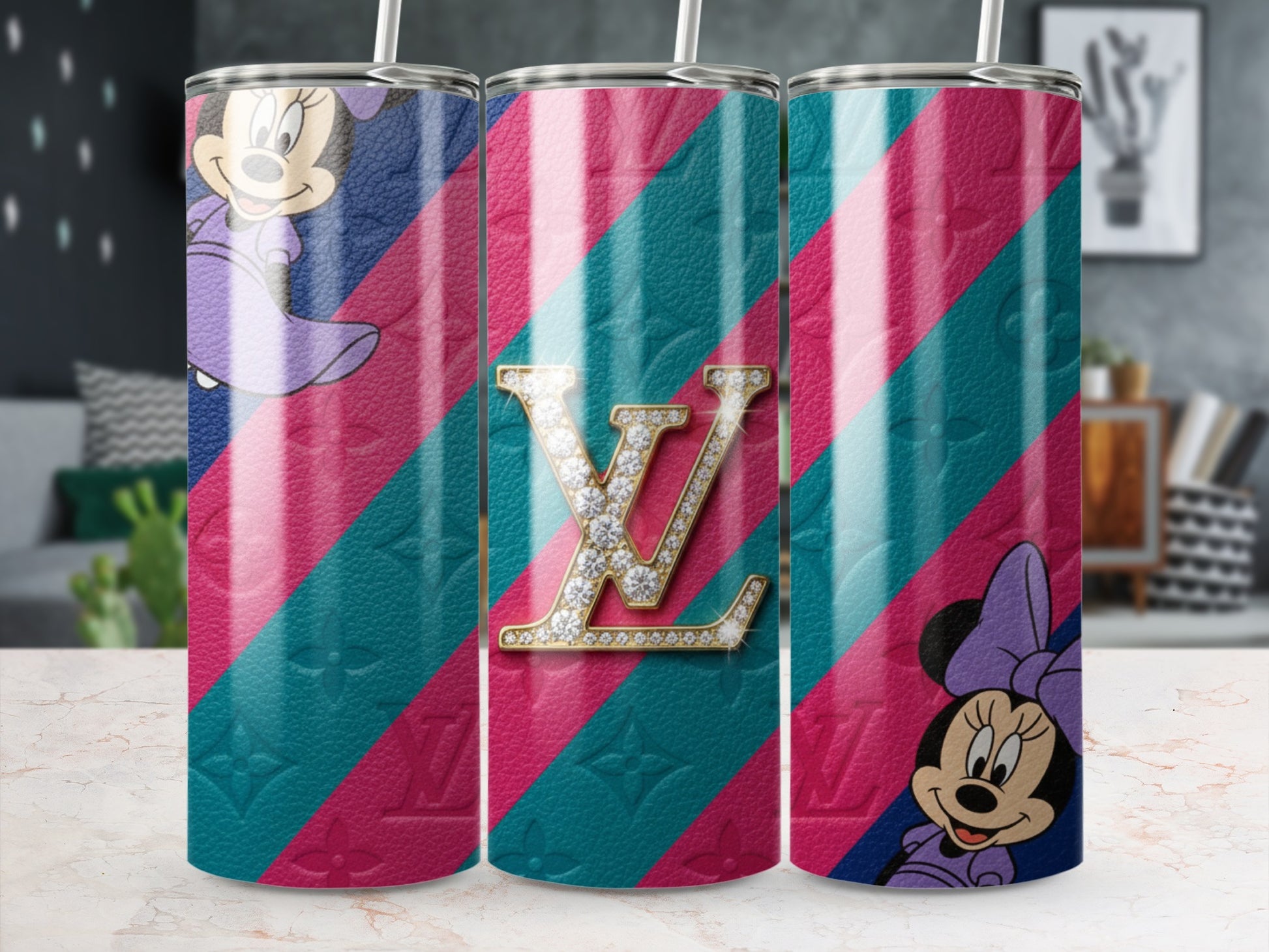 Colorful Striped Tumbler with Cute Cartoon Characters