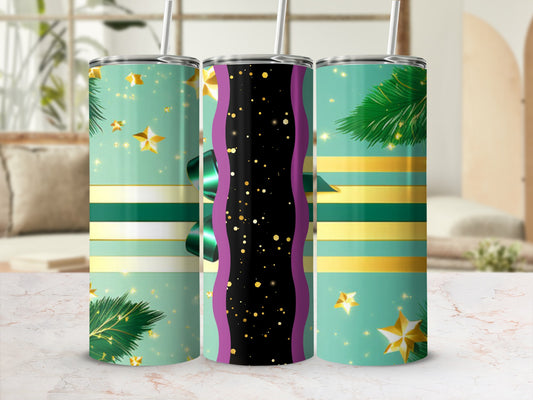 Three tumblers with gold stars and green pine sprigs on a pastel striped background.