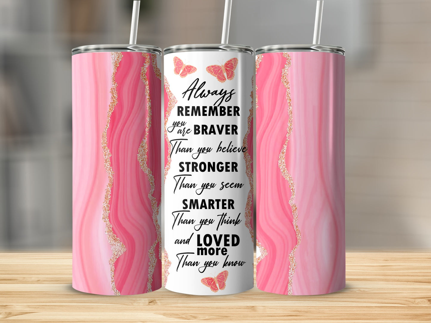 Pink Marble Gold Glitter Brave Strong Loved Tumbler product type