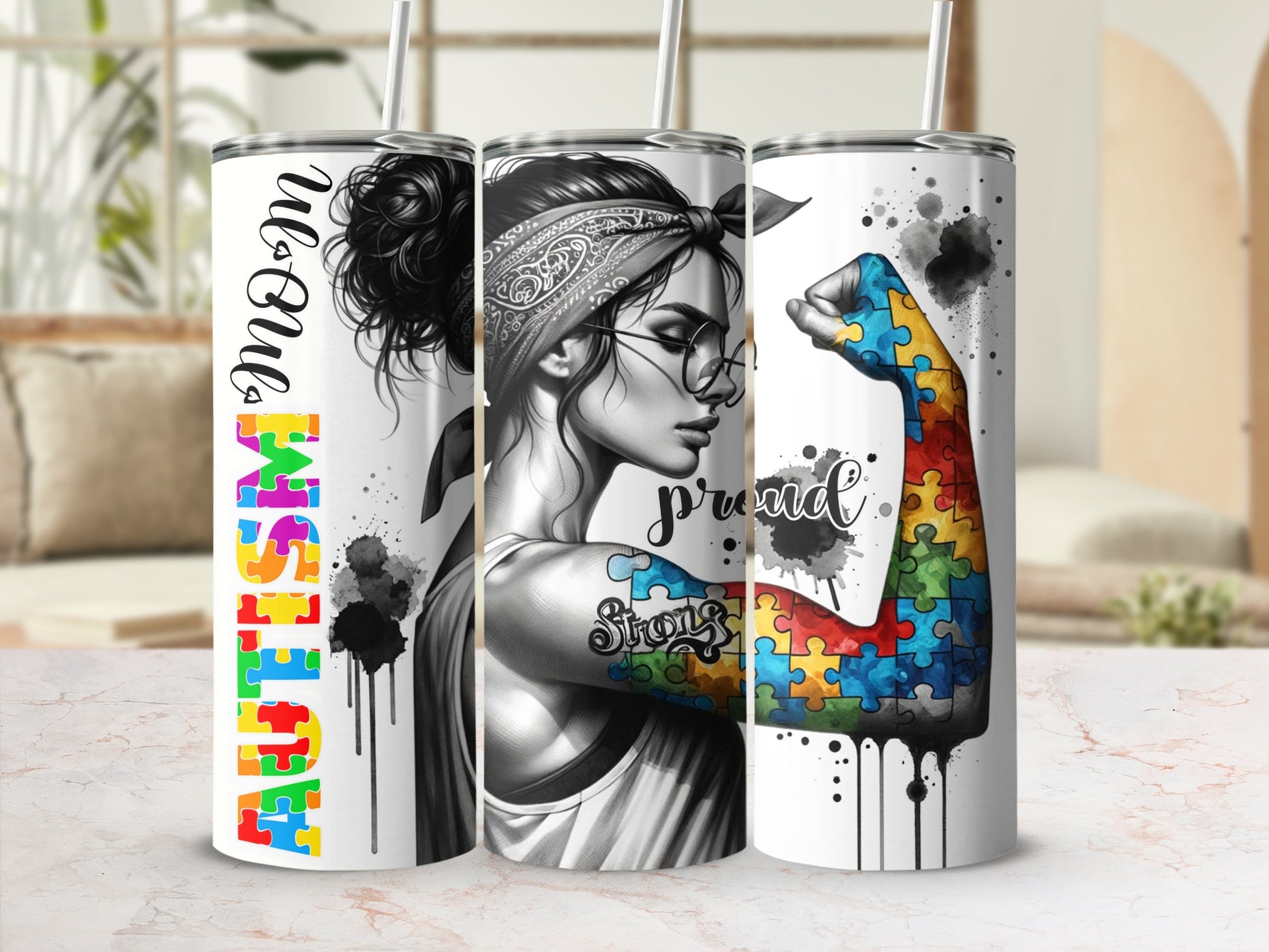 White tumbler with "Autism" text, a woman's portrait, and an arm flexing a puzzle piece muscle.