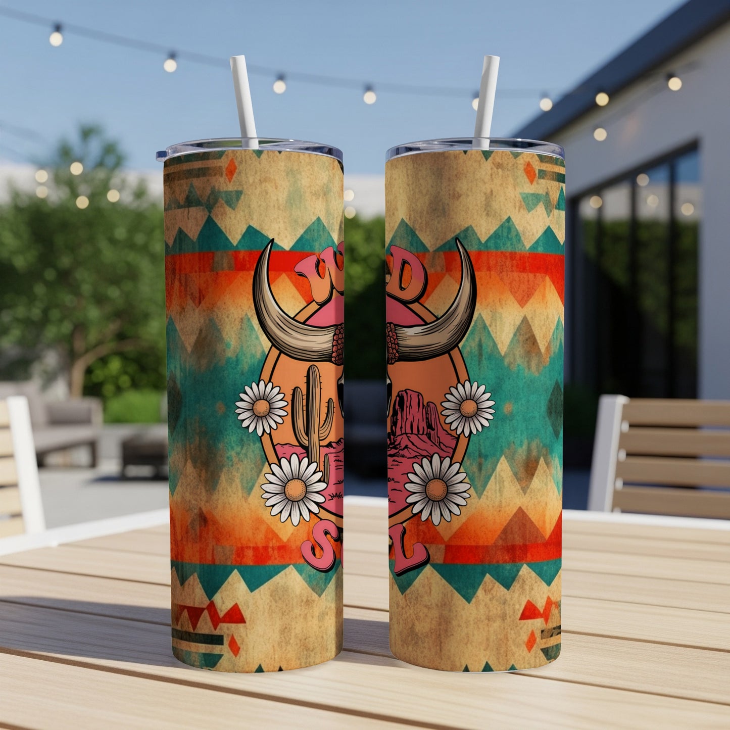 Two tumblers with a Southwestern design featuring a bull skull and cactus.