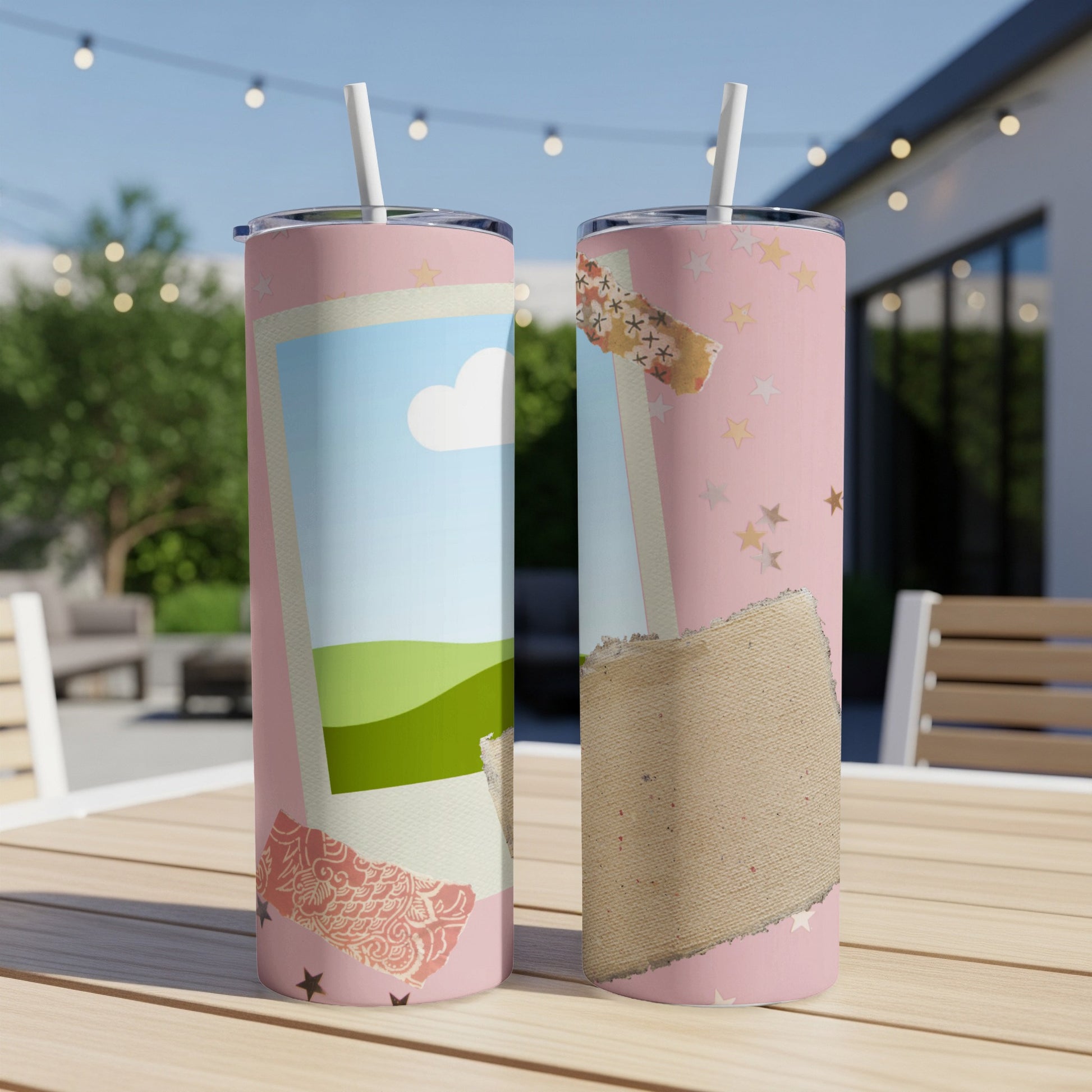 Pink tumblers with torn paper and star designs, one shows a landscape.