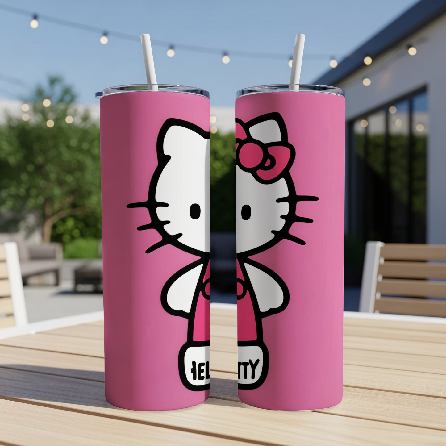 Two pink tumblers featuring Hello Kitty with a pink bow.