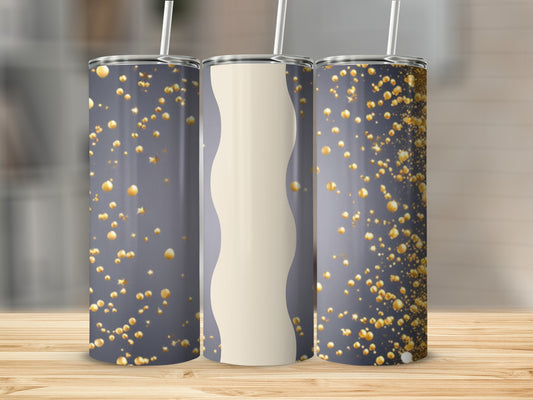 Three tumblers with gold confetti on a wooden surface.