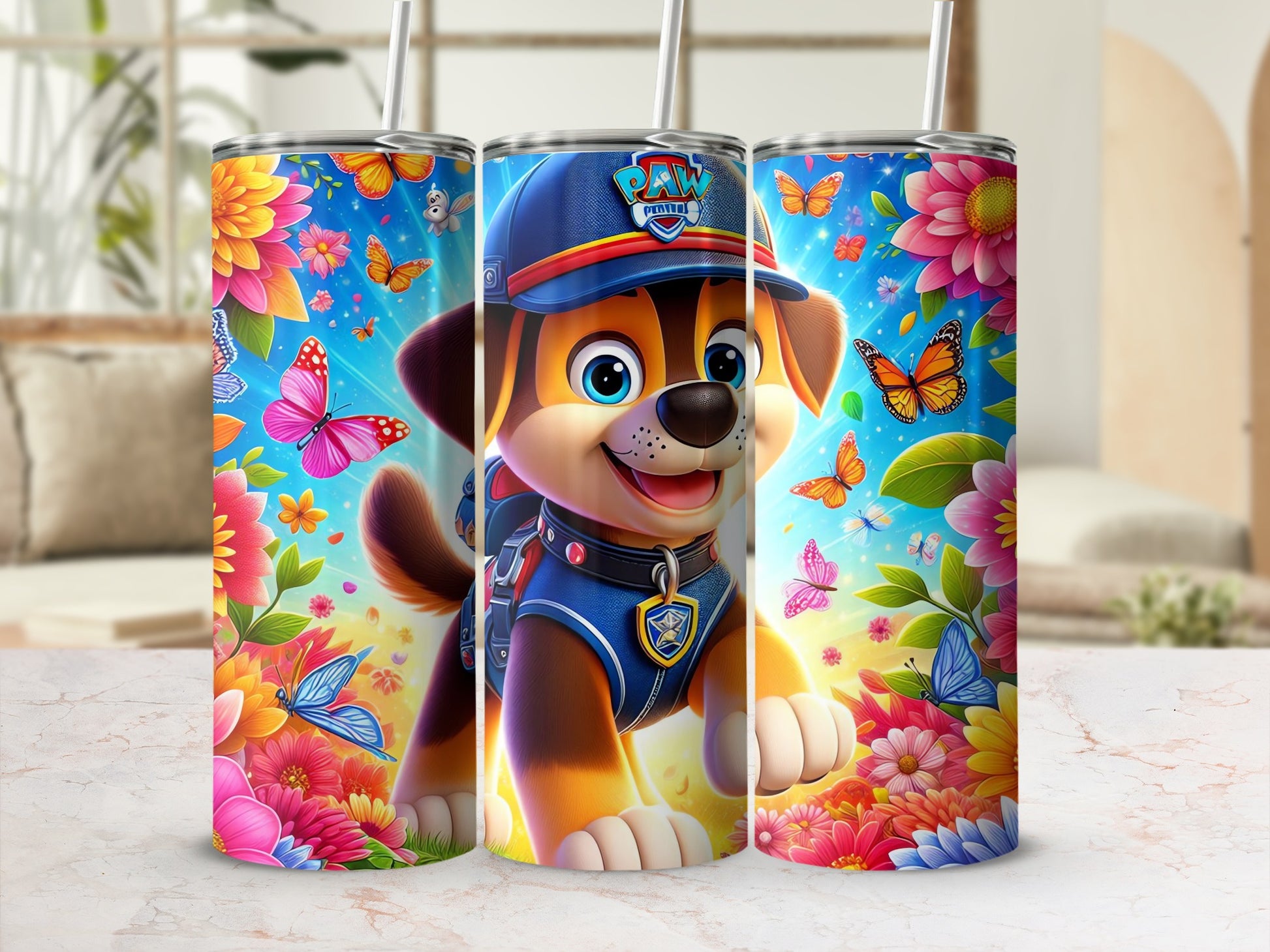 Colorful Cartoon Dog with Butterflies and Flowers Tumbler