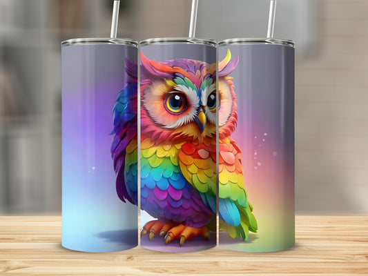 Rainbow owl on a tumbler, with gradient background.