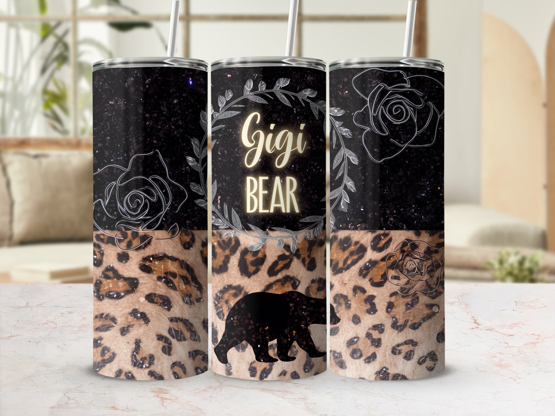 Tumbler with "Gigi Bear" text, leopard print, and bear silhouette.