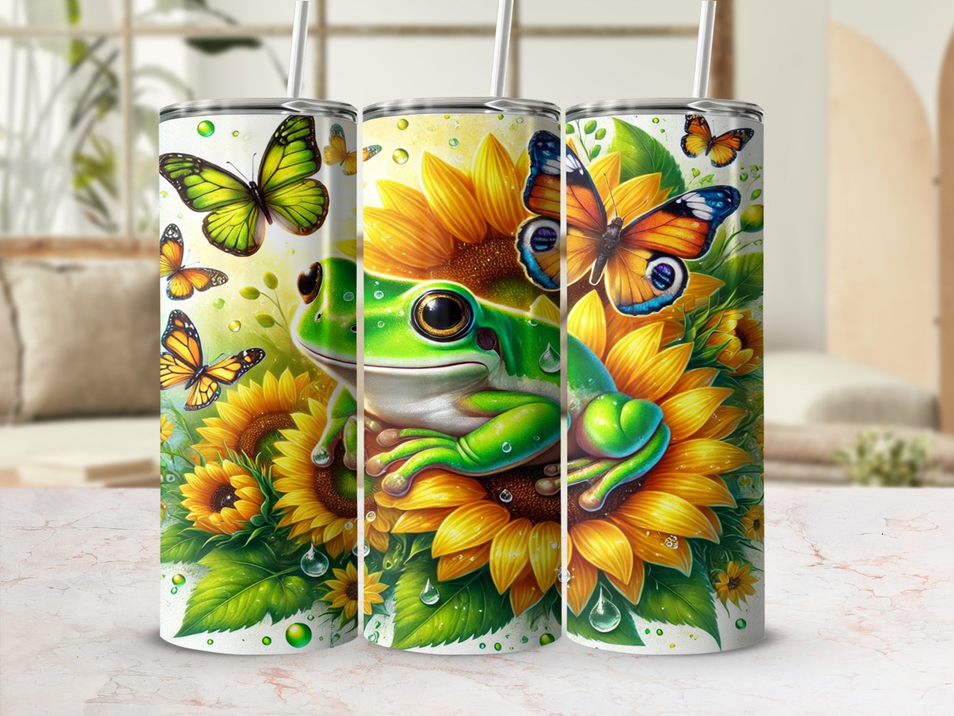 Colorful Butterfly and Frog Sunflower Artwork Tumbler