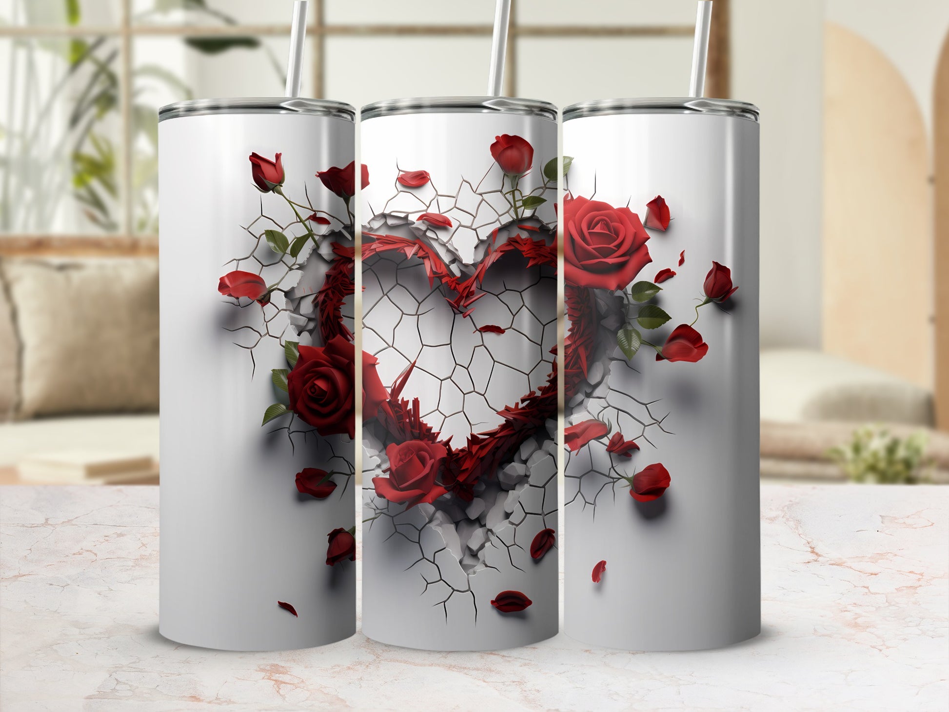 Cracked Heart with Roses Design Insulated Tumbler