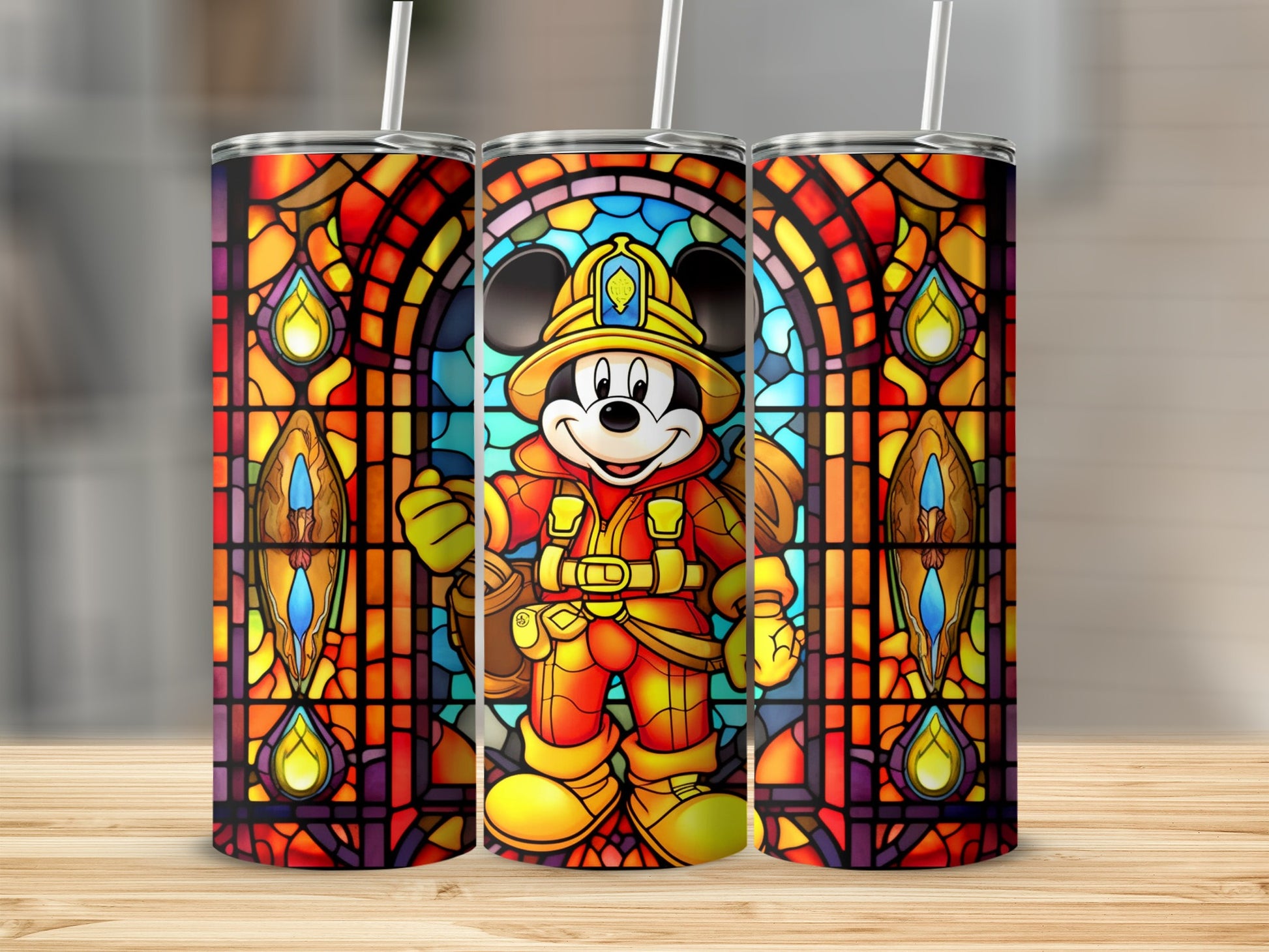 Colorful Stained Glass Firefighter Character Tumbler