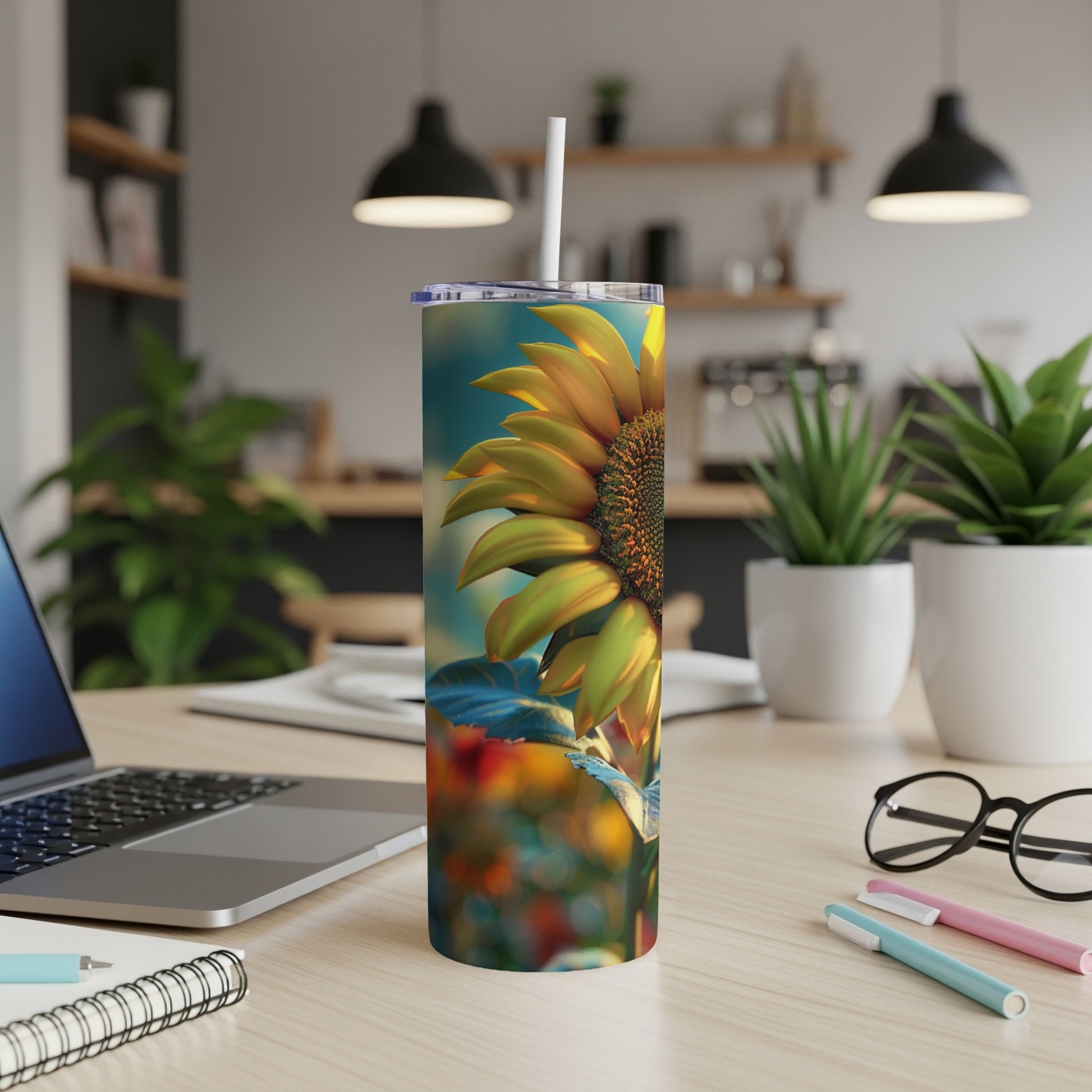 Sunflower tumbler with straw on a desk.