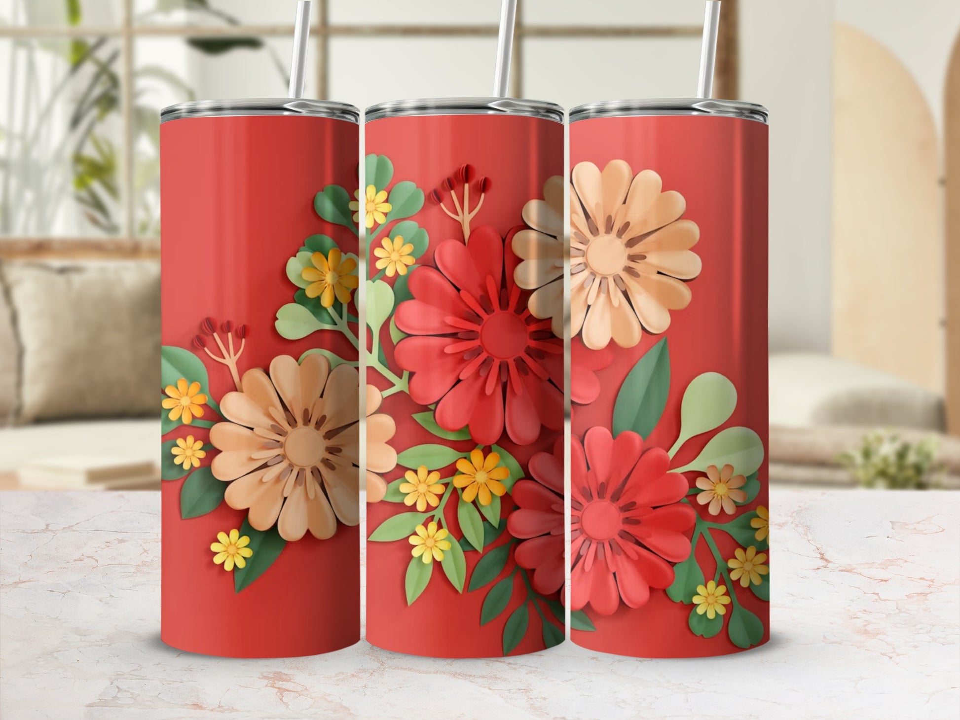 Floral Pattern Insulated Tumbler with Straw Cup