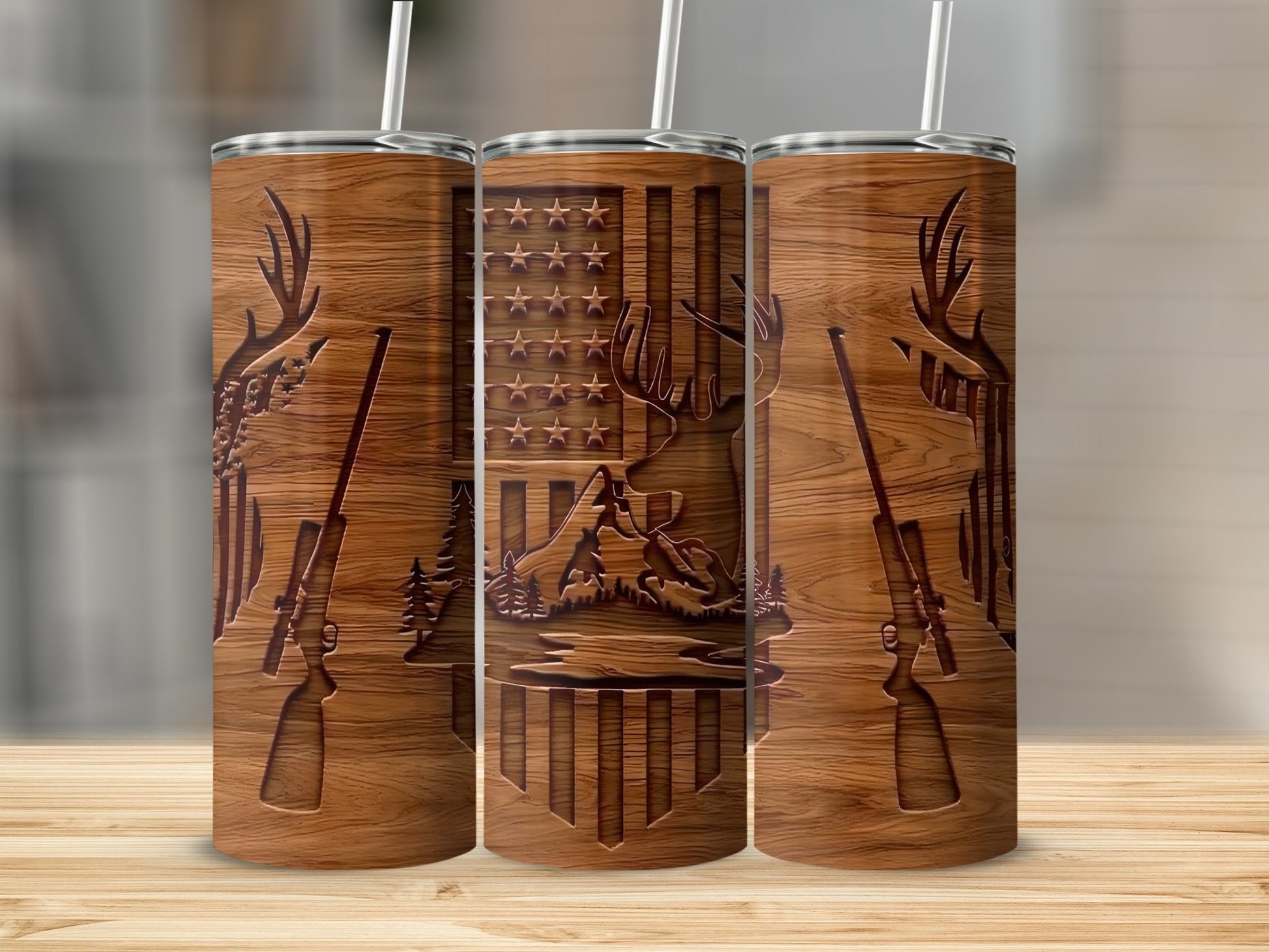 Engraved Deer Hunting Scene Wood-Patterned Tumbler Cup