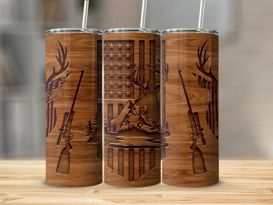 Engraved Deer Hunting Scene Wood-Patterned Tumbler Cup