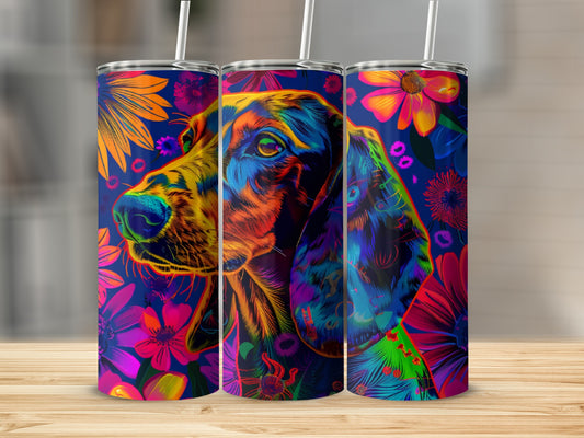 Colorful dog portrait on three tumblers with floral background.