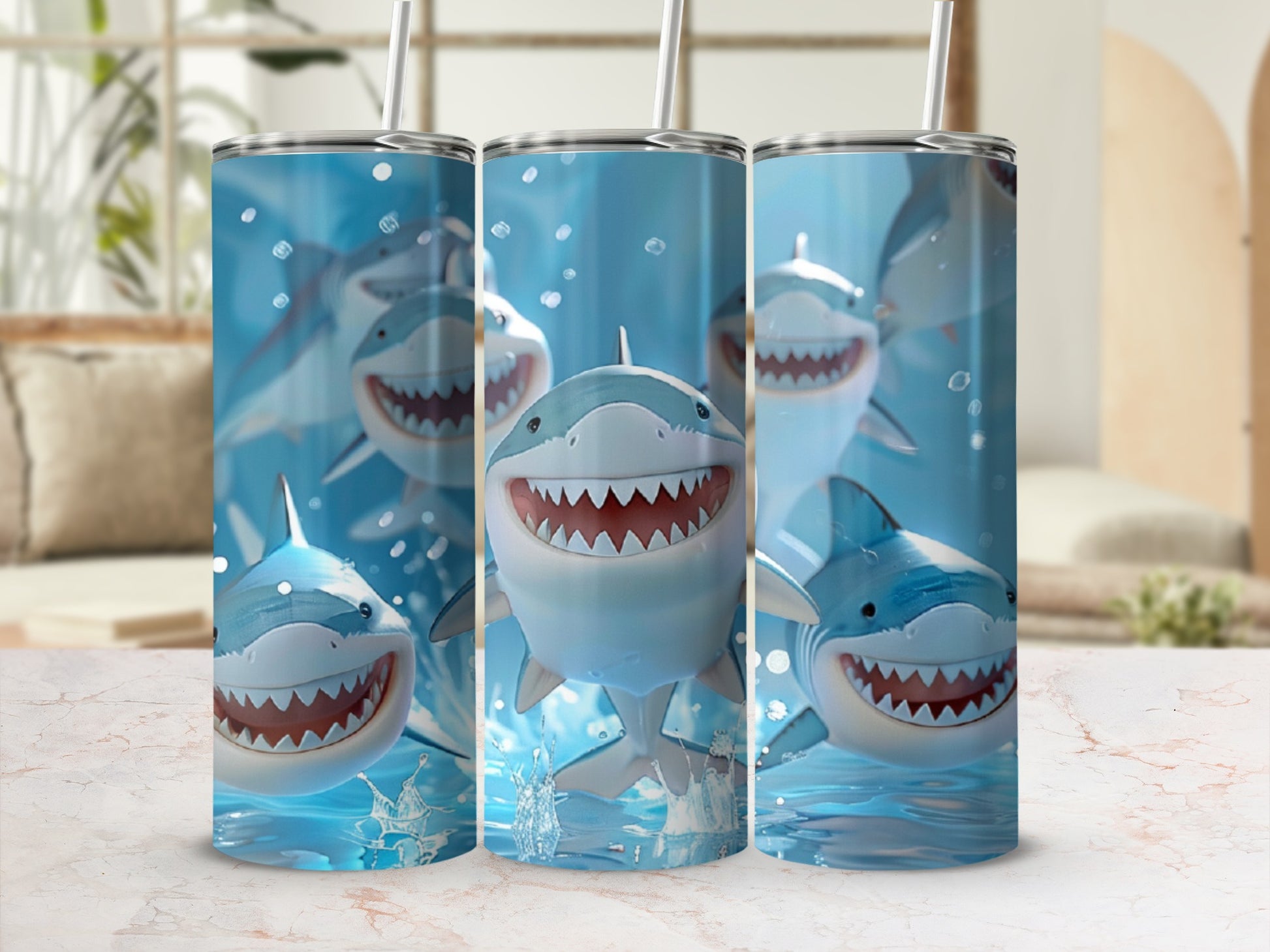 Three smiling cartoon sharks splashing in water on a tumbler.