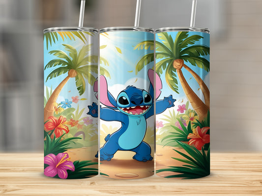 Stitch character with arms outstretched on tropical beach with palm trees and hibiscus flowers.