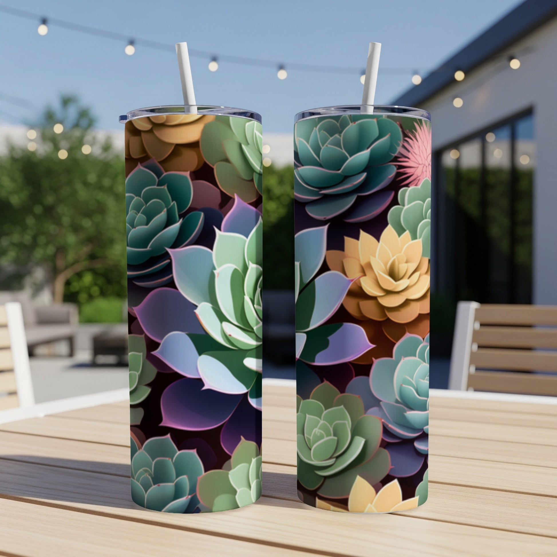 Two tumblers with colorful succulent plant patterns on a table.