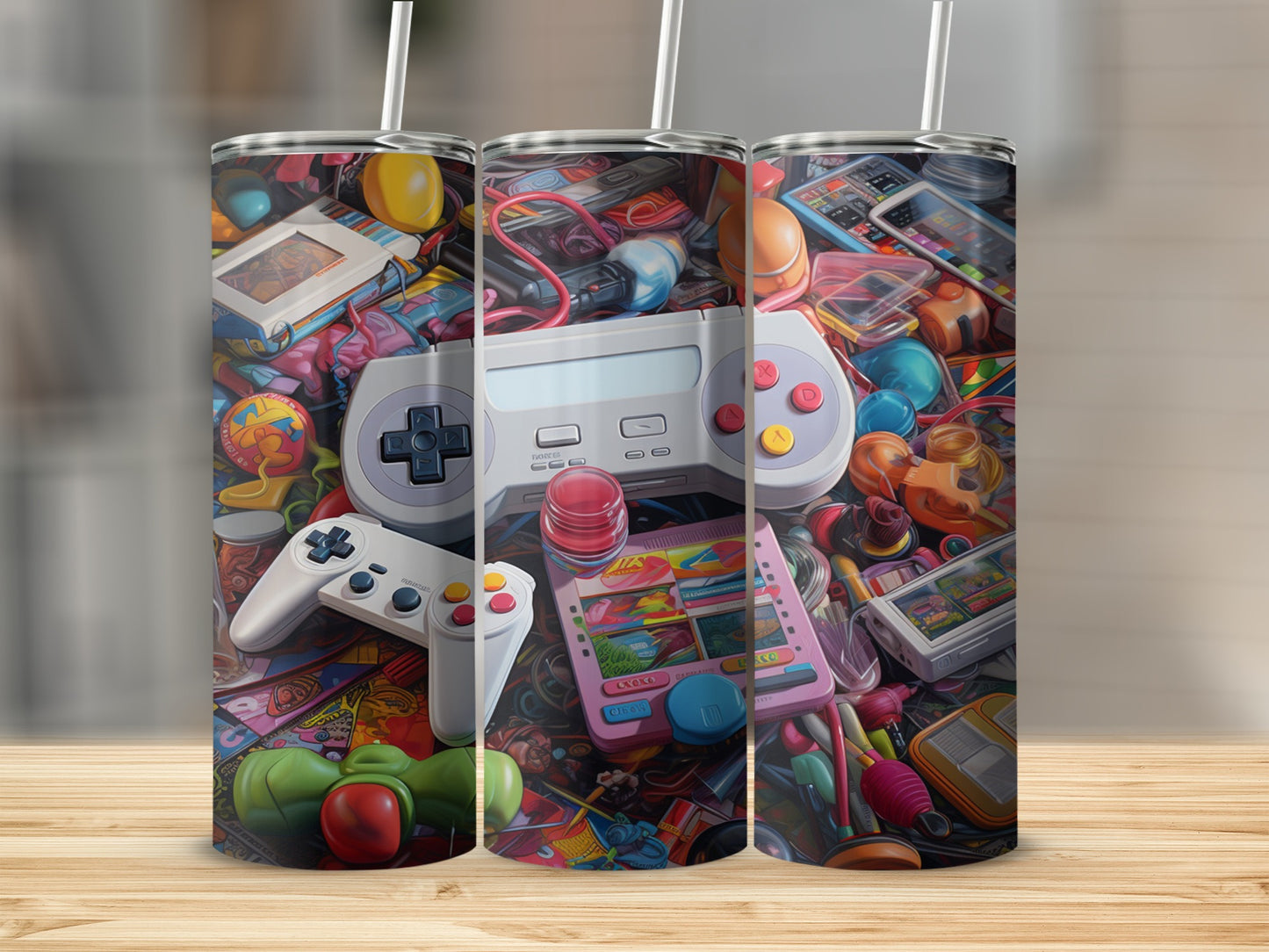 Collage of retro video game controllers, cartridges, and colorful toys.