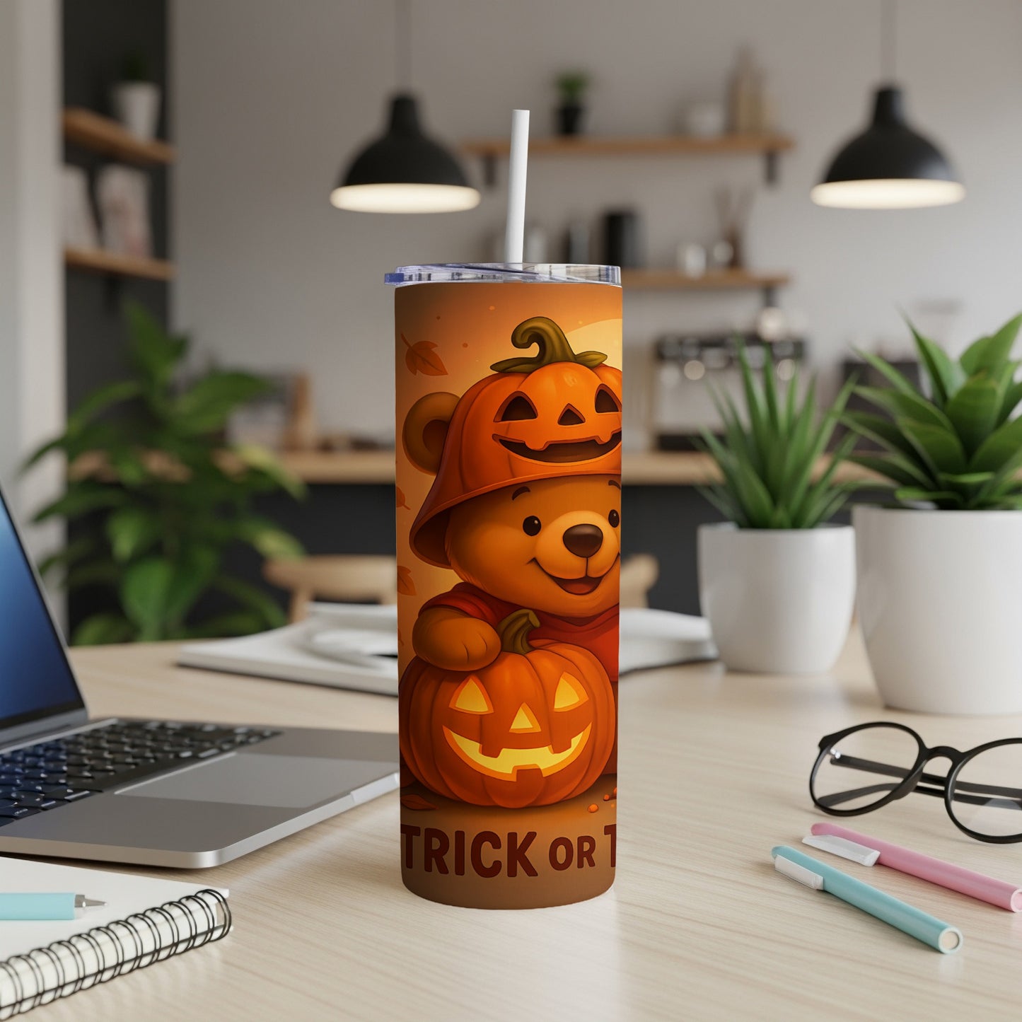 Tumbler with teddy bear dressed as a pumpkin, text reads "Trick or Treat".