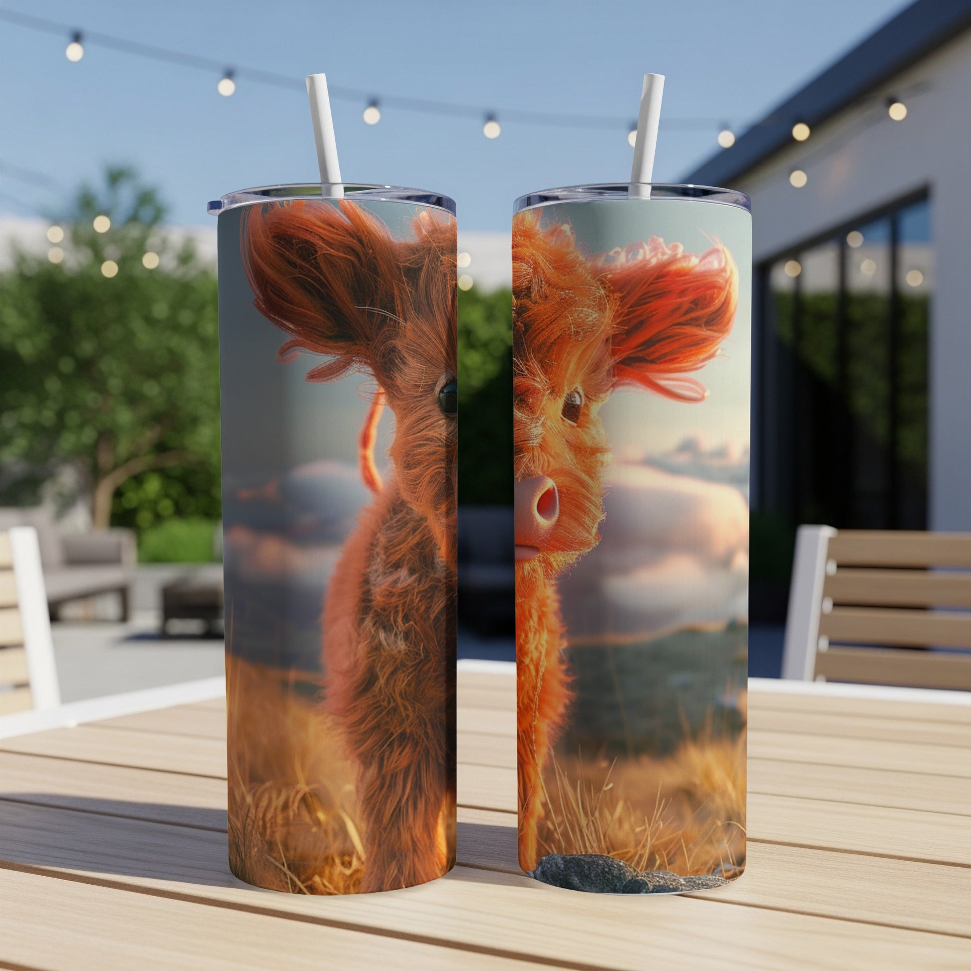 Two tumblers with a fluffy, cartoon-like cow and sunset background.