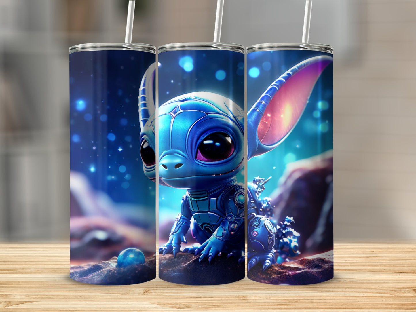 Blue alien creature with large eyes on a starry, rocky background.