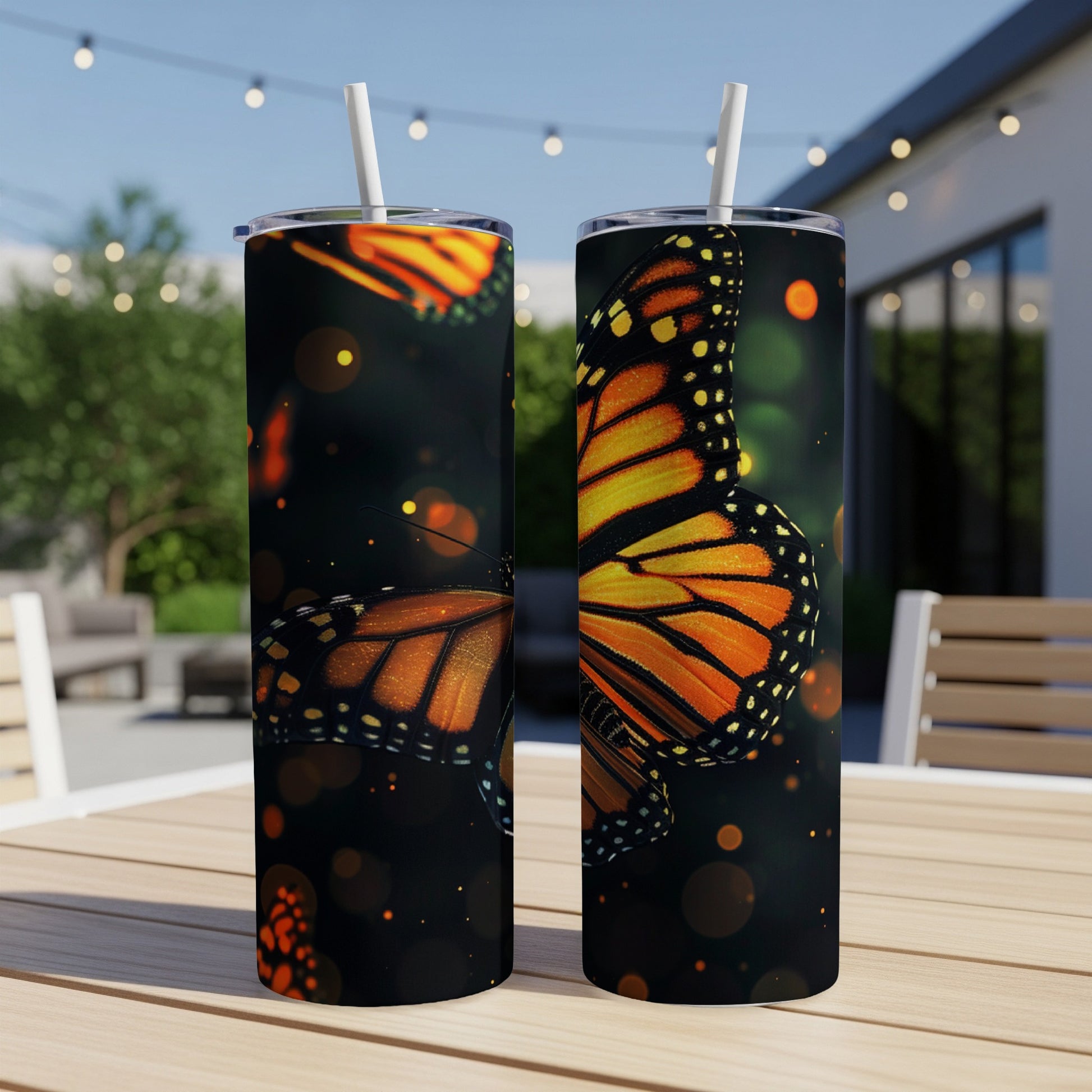 Two tumblers featuring a close-up monarch butterfly wing pattern on a dark background.