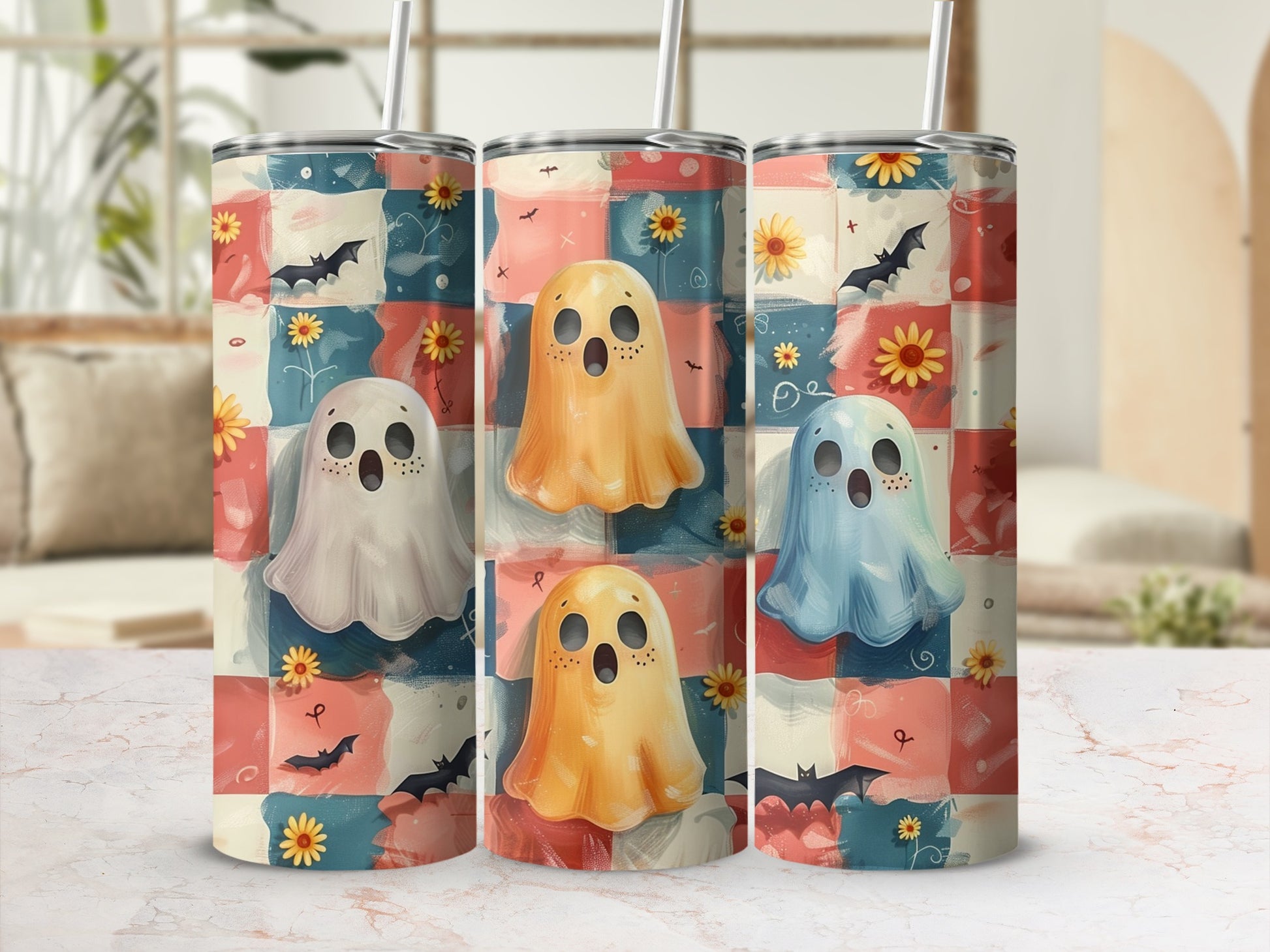 Three tumblers with Halloween ghost patterns and checkered backgrounds.