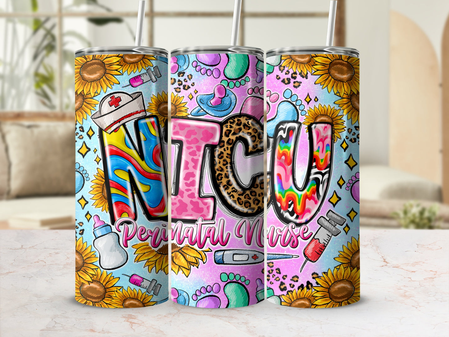 NICU Perinatal Nurse tumbler with sunflowers, medical icons, and colorful text.