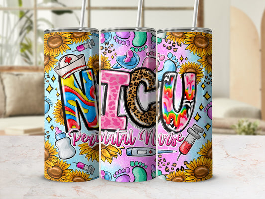 NICU Perinatal Nurse tumbler with sunflowers, medical icons, and colorful text.