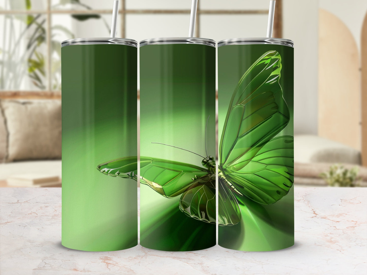 Three green tumblers with iridescent butterfly designs.