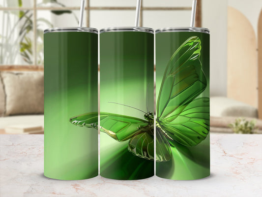 Three green tumblers with iridescent butterfly designs.