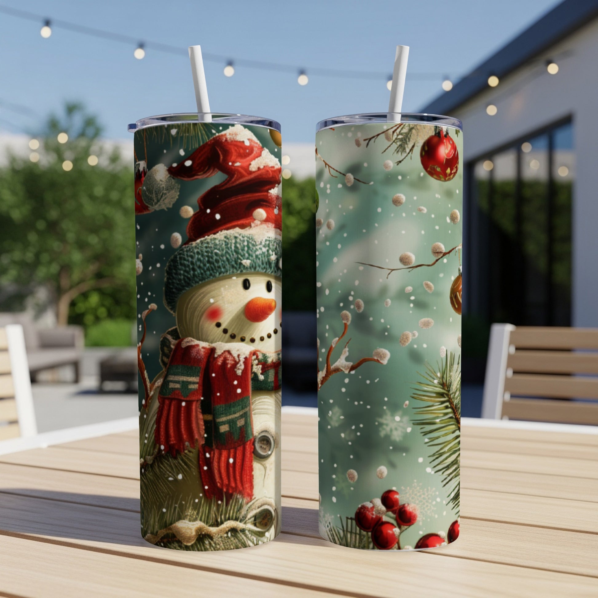 Snowman wearing Santa hat and scarf on a tumbler, with a festive winter scene.